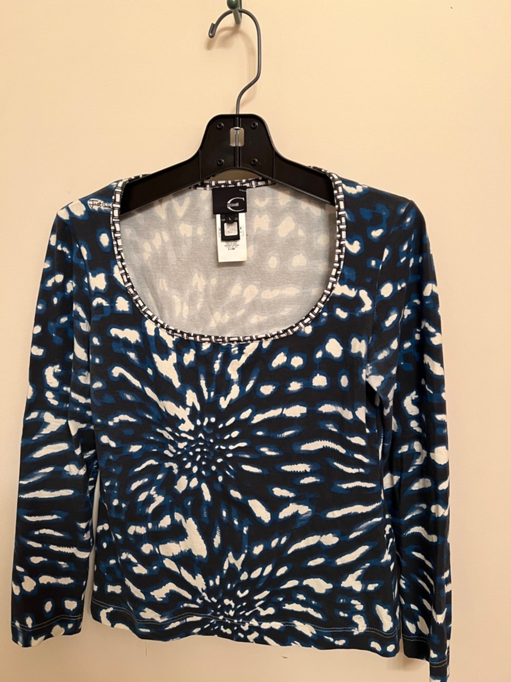 Roberto Cavalli Navy, Blue & White Long-Sleeve Scoop Neck Top